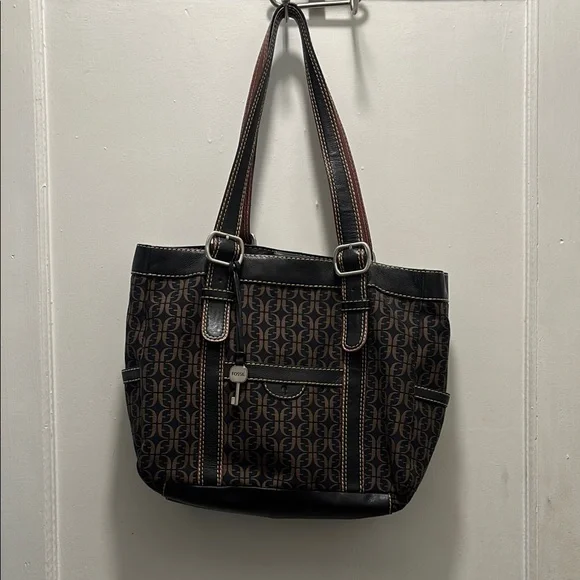 Fossil Black and Brown Patterned Tote FOSSIL Brown And Black Leather Carryall Tote Bag Shoulder  main image 4